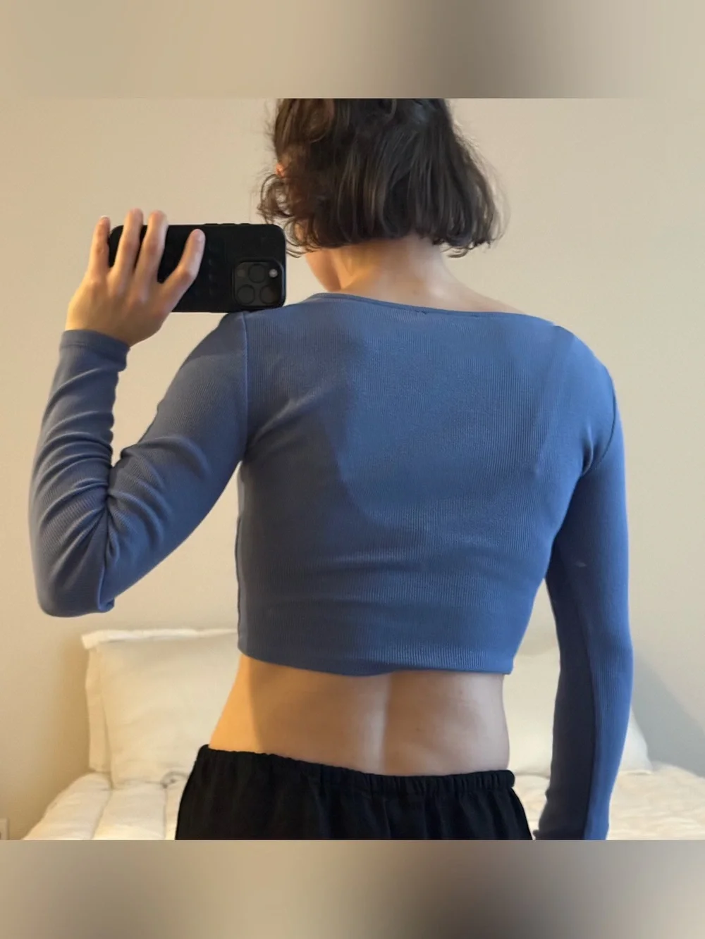 Zara Dusty Blue Ruched Tie-Front Long Sleeve Crop Top